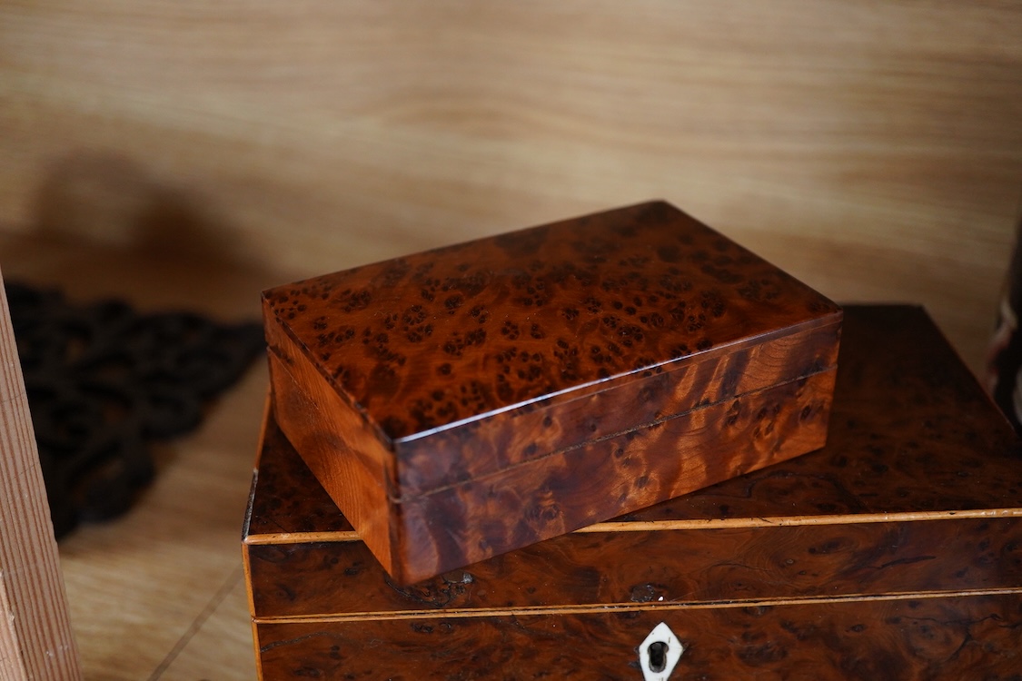 A group of collectables to include a gilt wall bracket, burr walnut tea caddy, lacquer wares etc.(7) Lacqured book box 18.5cm high.